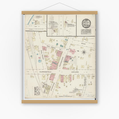 Old map wall art mockup — magnetic wood frame on white wall — Sanborn Fire Insurance Map from New London, Huron County, Ohio (1884), Sheet #0001