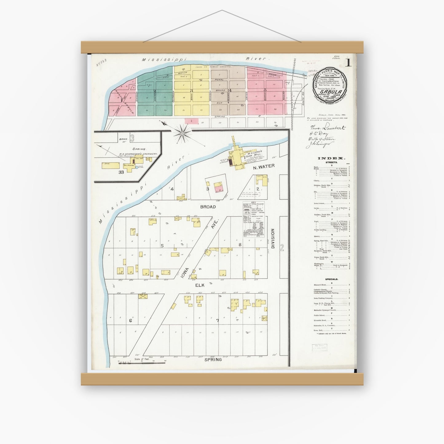 Old map wall art mockup — magnetic wood frame on white wall — Sanborn Fire Insurance Map from Sabula, Jackson County, Iowa (1893), Sheet #0001