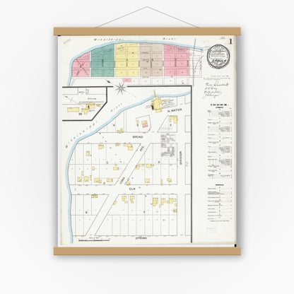 Old map wall art mockup — magnetic wood frame on white wall — Sanborn Fire Insurance Map from Sabula, Jackson County, Iowa (1893), Sheet #0001
