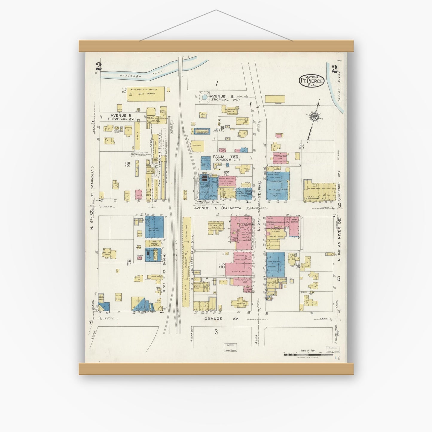 Old map wall art mockup — magnetic wood frame on white wall — Sanborn Fire Insurance Map from Fort Pierce, St Lucie County, Florida (1924), Sheet #0002