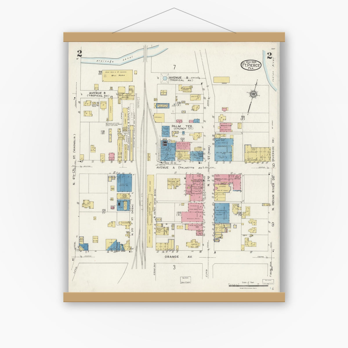 Old map wall art mockup — magnetic wood frame on white wall — Sanborn Fire Insurance Map from Fort Pierce, St Lucie County, Florida (1924), Sheet #0002