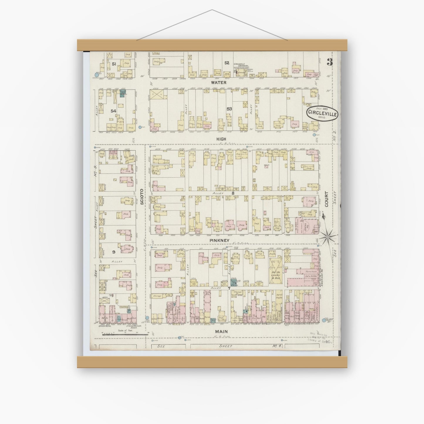 Old map wall art mockup — magnetic wood frame on white wall — Sanborn Fire Insurance Map from Circleville, Pickaway County, Ohio (1889), Sheet #0003