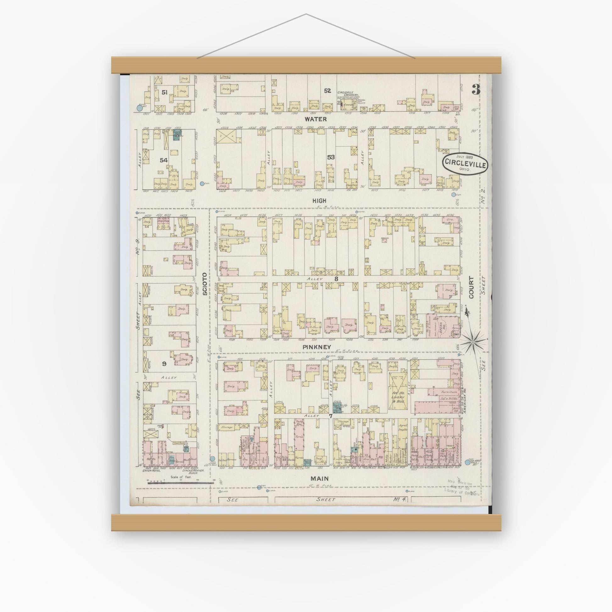 Old map wall art mockup — magnetic wood frame on white wall — Sanborn Fire Insurance Map from Circleville, Pickaway County, Ohio (1889), Sheet #0003