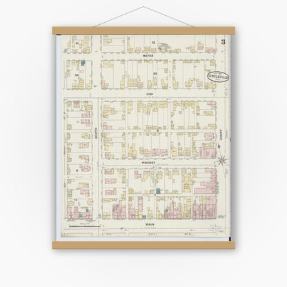 Old map wall art mockup — magnetic wood frame on white wall — Sanborn Fire Insurance Map from Circleville, Pickaway County, Ohio (1889), Sheet #0003