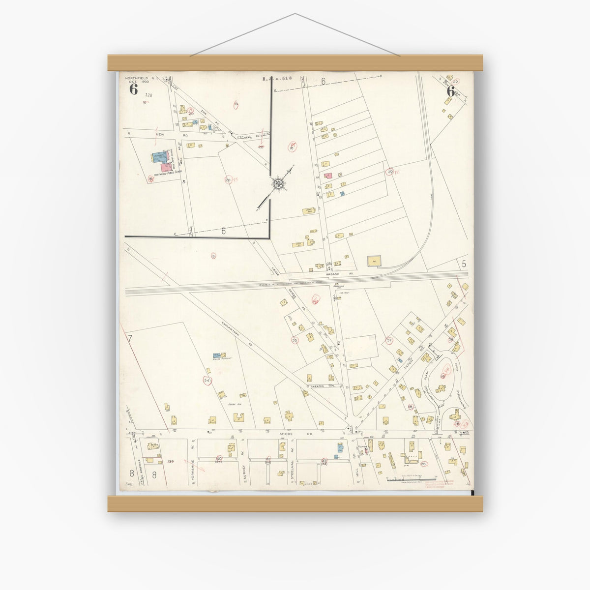 Old map wall art mockup — magnetic wood frame on white wall — Sanborn Fire Insurance Map from Northfield, Atlantic County, New Jersey (1942), Sheet #0006