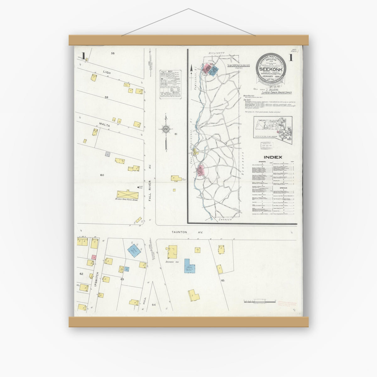 Old map wall art mockup — magnetic wood frame on white wall — Sanborn Fire Insurance Map from Seekonk, Bristol County, Massachusetts (1930), Sheet #0001