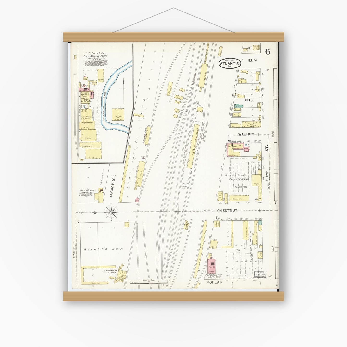 Old map wall art mockup — magnetic wood frame on white wall — Sanborn Fire Insurance Map from Atlantic, Cass County, Iowa (1893), Sheet #0006