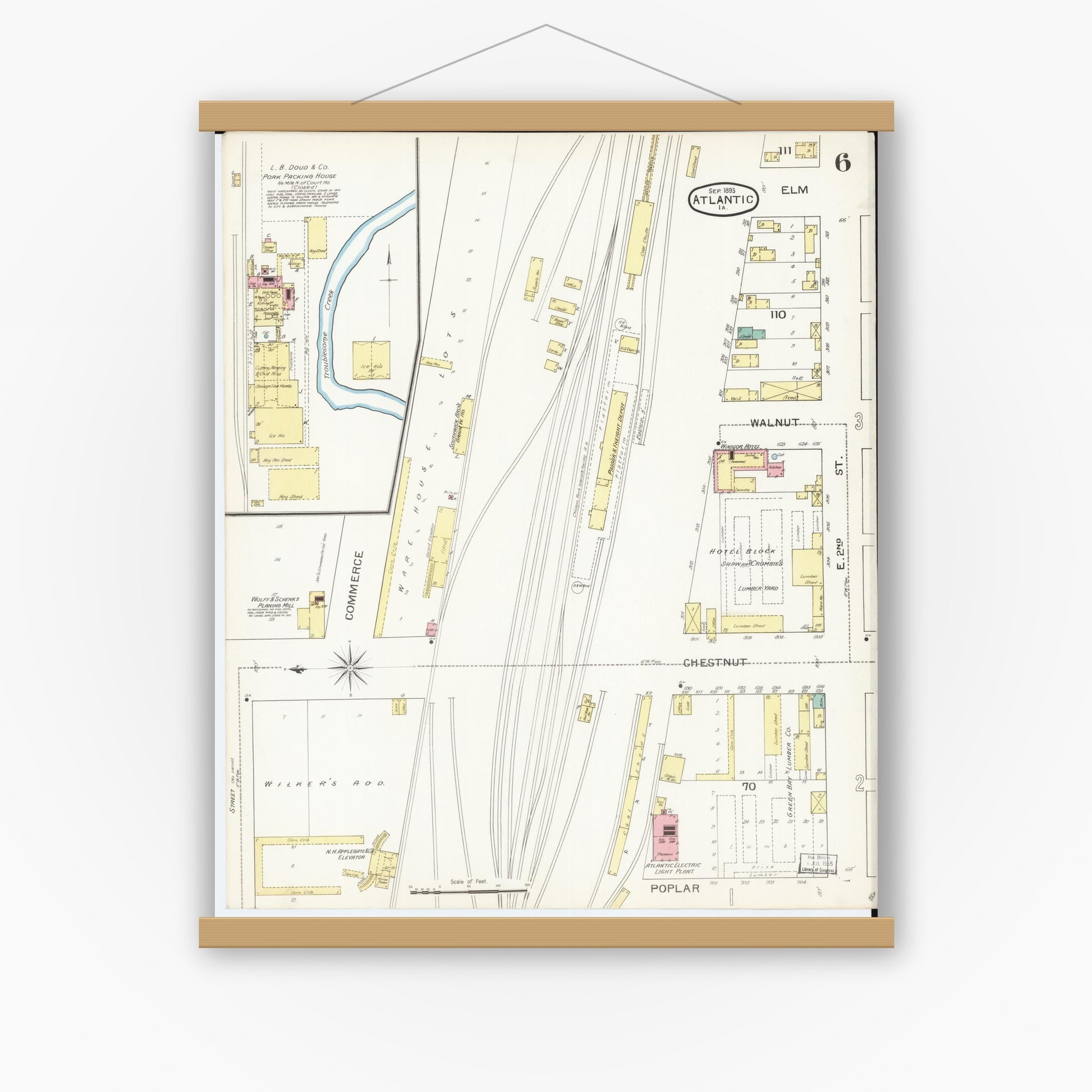 Old map wall art mockup — magnetic wood frame on white wall — Sanborn Fire Insurance Map from Atlantic, Cass County, Iowa (1893), Sheet #0006