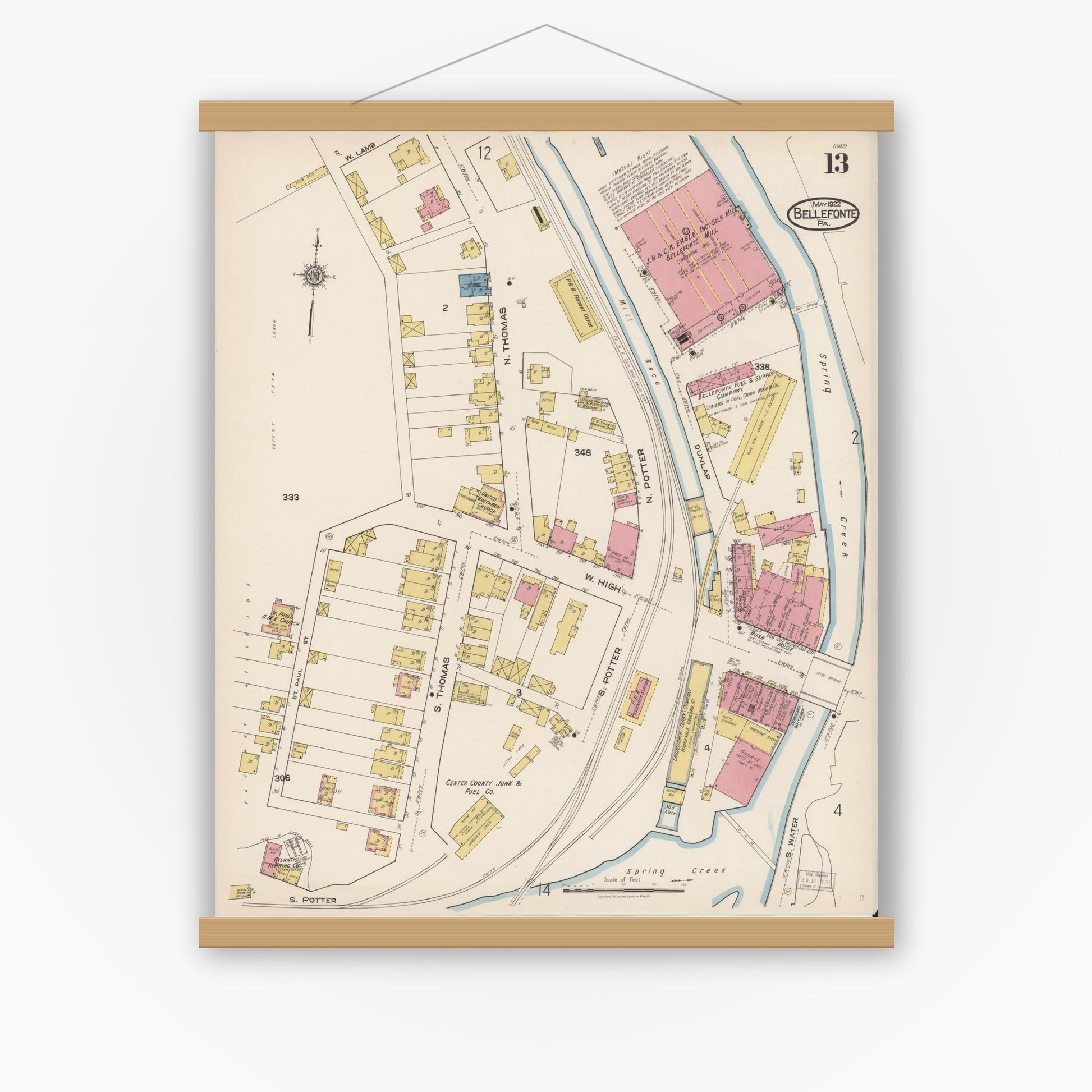 Old map wall art mockup — magnetic wood frame on white wall — Sanborn Fire Insurance Map from Bellefonte, Centre County, Pennsylvania (1922), Sheet #0013