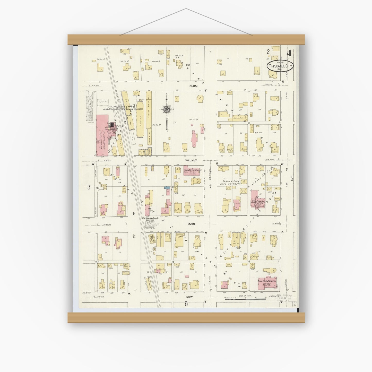Old map wall art mockup — magnetic wood frame on white wall — Sanborn Fire Insurance Map from Tipp City, Miami County, Ohio (1911), Sheet #0004