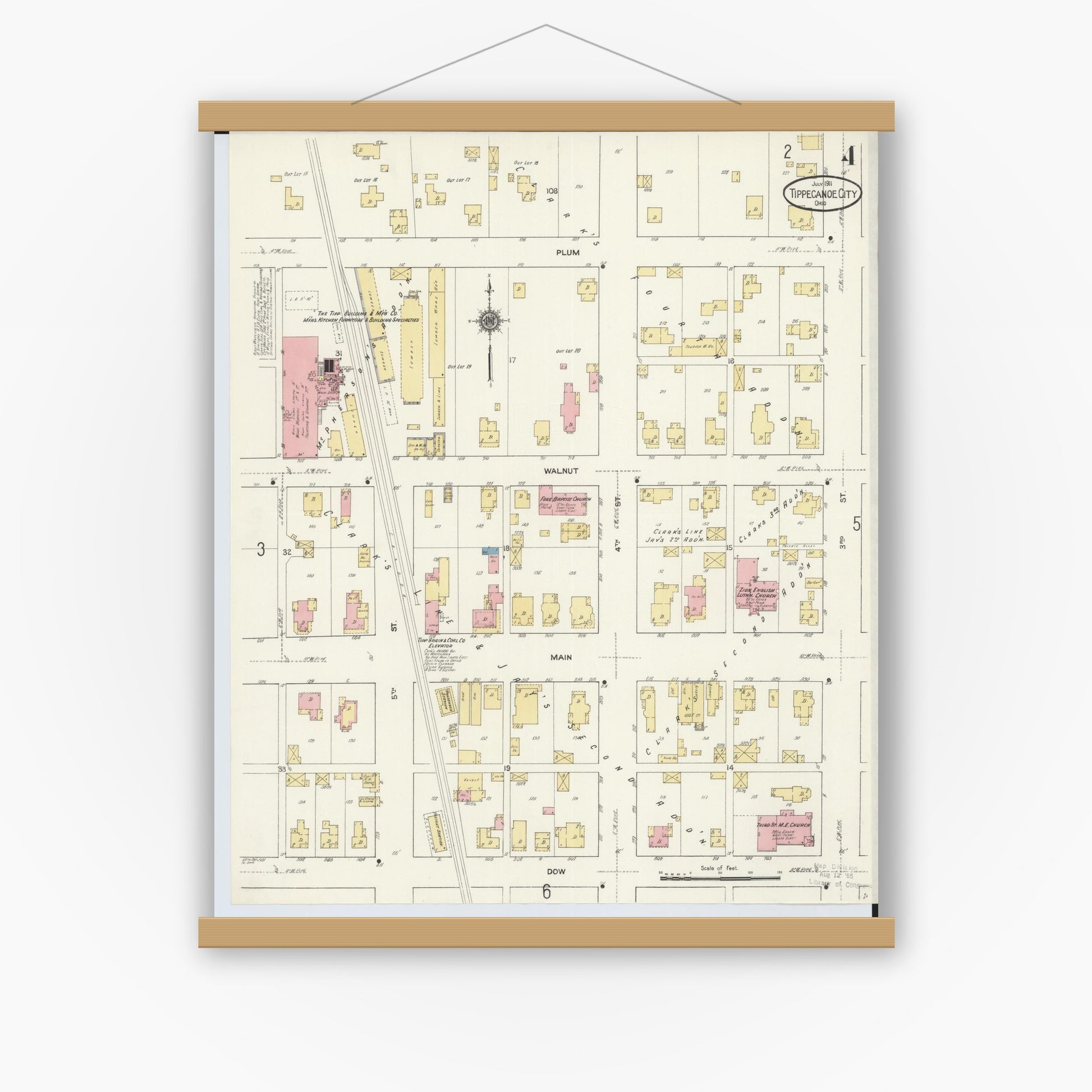 Old map wall art mockup — magnetic wood frame on white wall — Sanborn Fire Insurance Map from Tipp City, Miami County, Ohio (1911), Sheet #0004