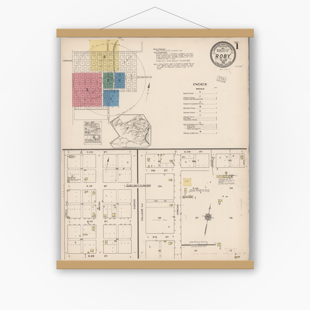 Old map wall art mockup — magnetic wood frame on white wall — Sanborn Fire Insurance Map from Roby, Fisher County, Texas (1922), Sheet #0001