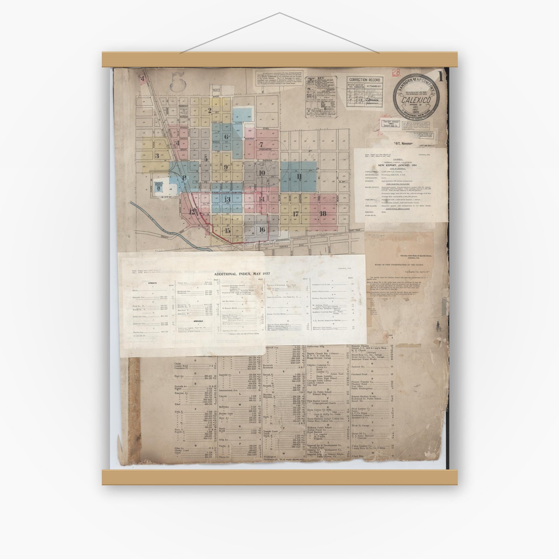 Old map wall art mockup — magnetic wood frame on white wall — Sanborn Fire Insurance Map from Calexico, Imperial County, California (1956), Sheet #0001