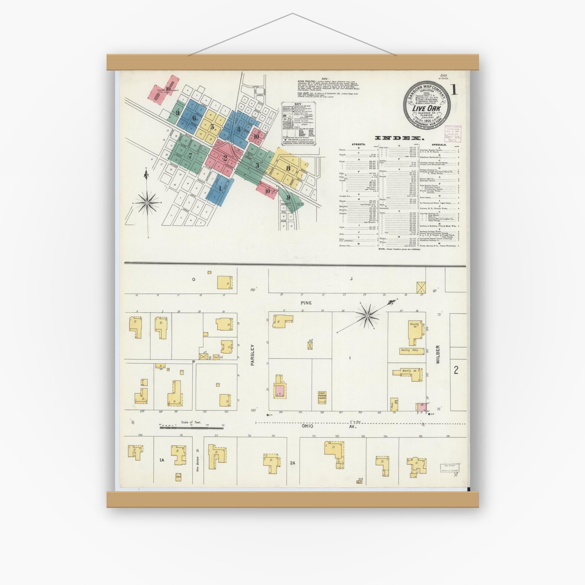 Old map wall art mockup — magnetic wood frame on white wall — Sanborn Fire Insurance Map from Live Oak, Suwanee County, Florida (1906) - Complete Map Set