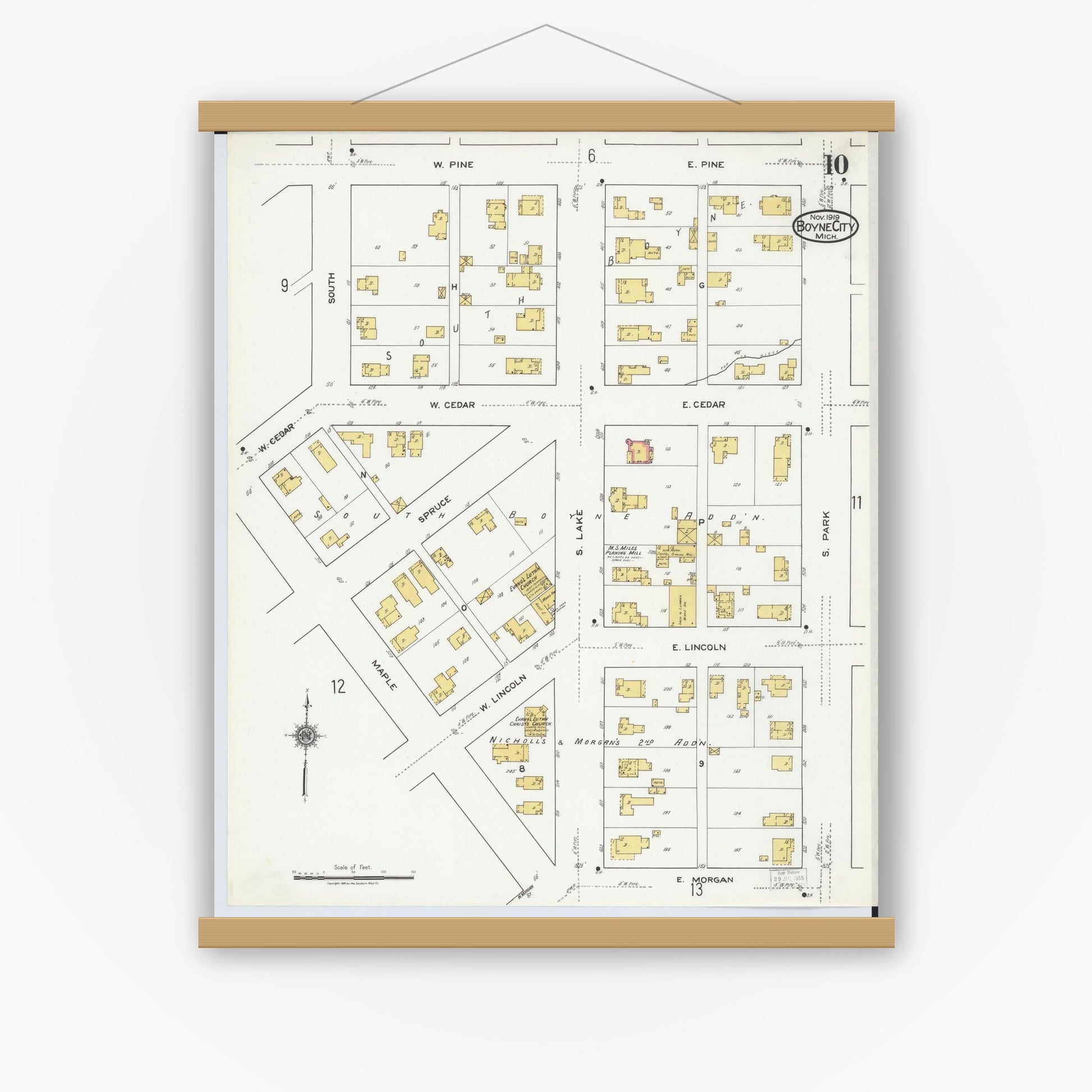 Old map wall art mockup — magnetic wood frame on white wall — Sanborn Fire Insurance Map from Boyne City, Charlevoix County, Michigan (1919), Sheet #0010