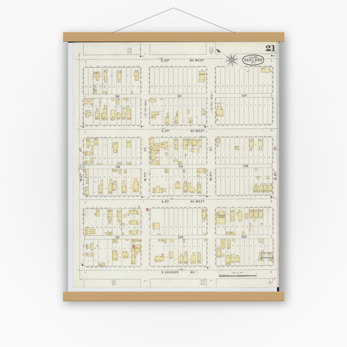 Old map wall art mockup — magnetic wood frame on white wall — Sanborn Fire Insurance Map from Ashland, Ashland County, Wisconsin (1895), Sheet #0021