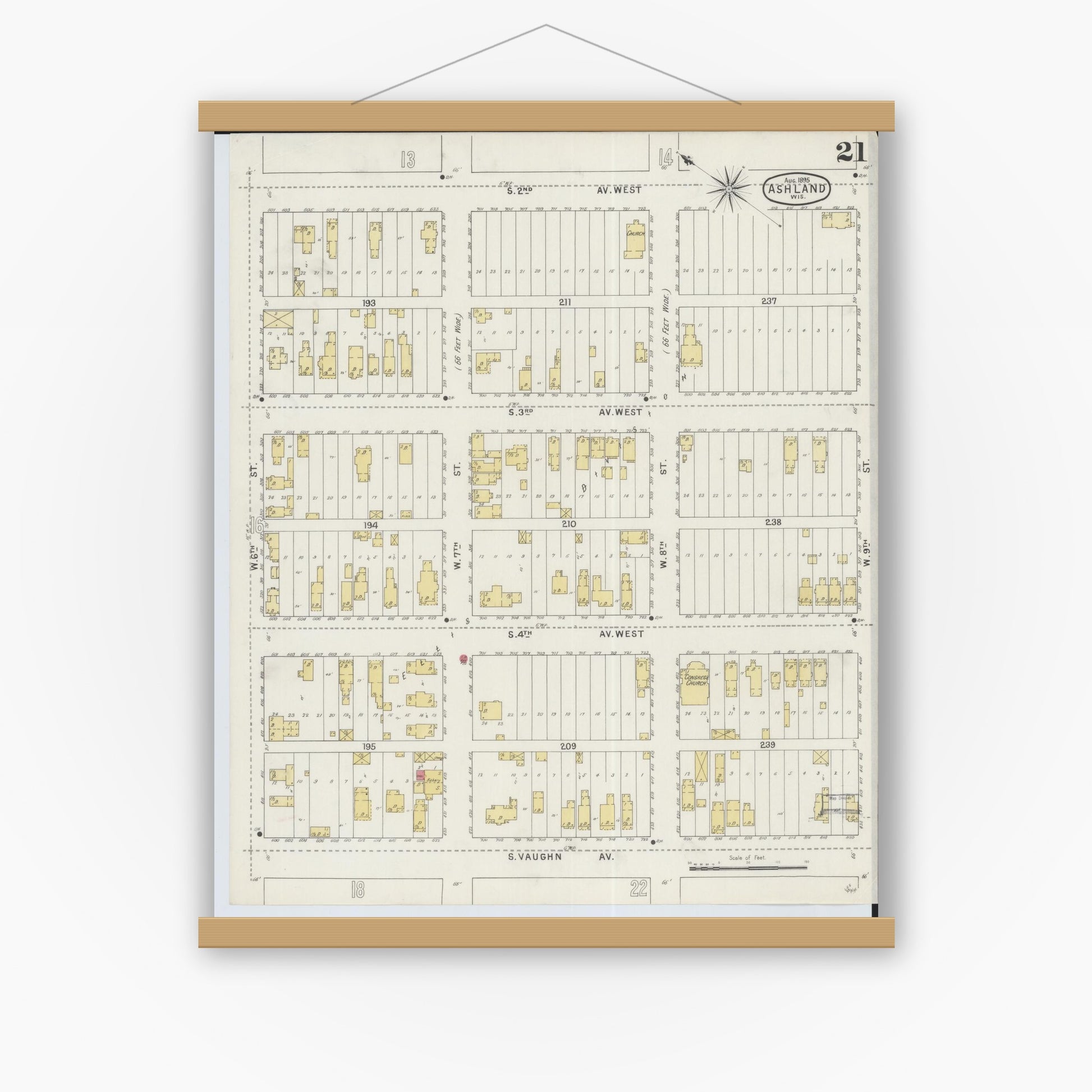 Old map wall art mockup — magnetic wood frame on white wall — Sanborn Fire Insurance Map from Ashland, Ashland County, Wisconsin (1895), Sheet #0021