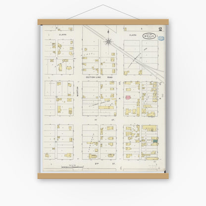 Old map wall art mockup — magnetic wood frame on white wall — Sanborn Fire Insurance Map from Wells, Faribault County, Minnesota (1894), Sheet #0002
