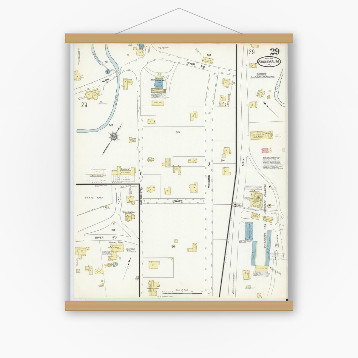 Old map wall art mockup — magnetic wood frame on white wall — Sanborn Fire Insurance Map from Stroudsburg, Monroe County, Pennsylvania (1912), Sheet #0029