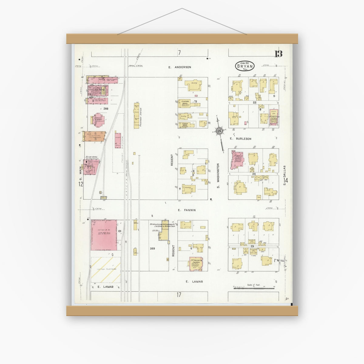 Old map wall art mockup — magnetic wood frame on white wall — Sanborn Fire Insurance Map from Bryan, Brazos County, Texas (1912), Sheet #0013