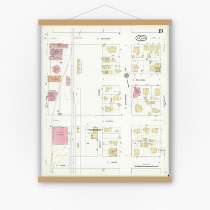 Old map wall art mockup — magnetic wood frame on white wall — Sanborn Fire Insurance Map from Bryan, Brazos County, Texas (1912), Sheet #0013
