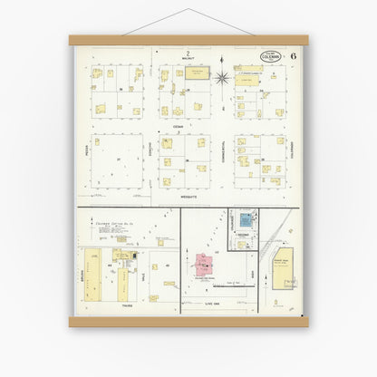 Old map wall art mockup — magnetic wood frame on white wall — Sanborn Fire Insurance Map from Coleman, Coleman County, Texas (1909), Sheet #0006