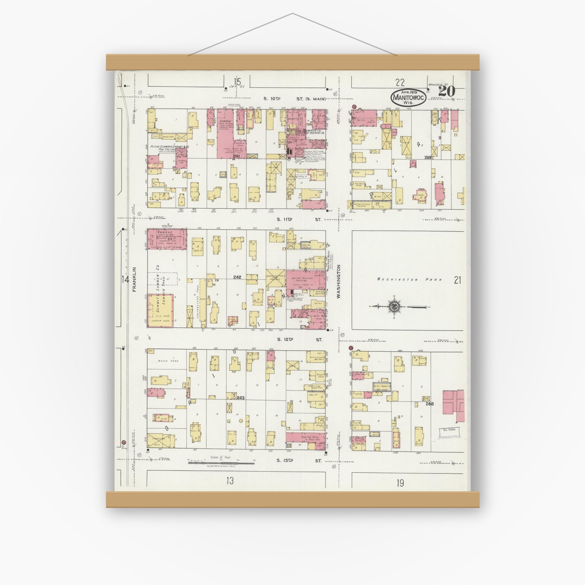 Old map wall art mockup — magnetic wood frame on white wall — Sanborn Fire Insurance Map from Manitowoc, Manitowoc County, Wisconsin (1919), Sheet #0020