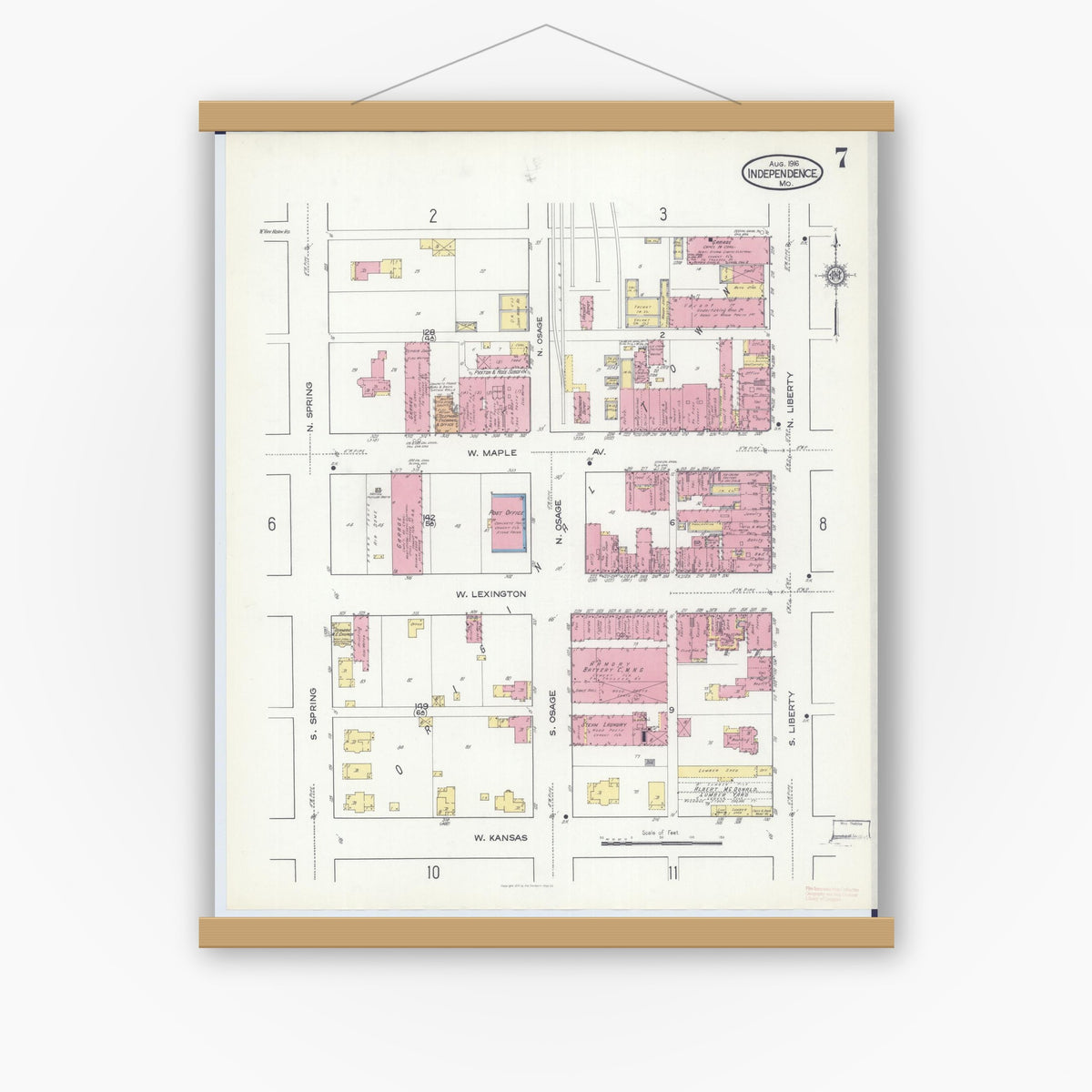 Old map wall art mockup — magnetic wood frame on white wall — Sanborn Fire Insurance Map from Independence, Jackson County, Missouri (1916), Sheet #0007