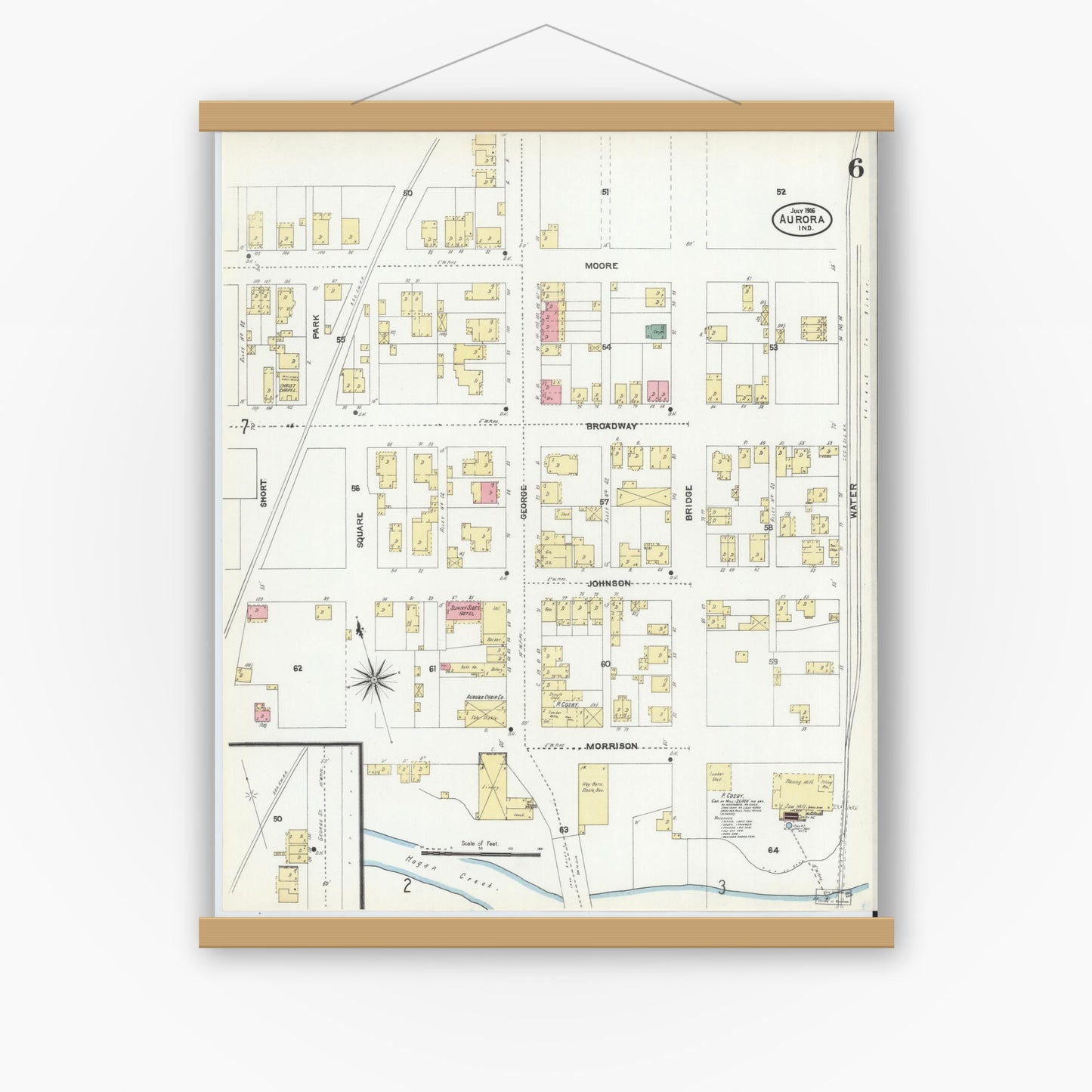 Old map wall art mockup — magnetic wood frame on white wall — Sanborn Fire Insurance Map from Aurora, Dearborn County, Indiana (1906), Sheet #0006