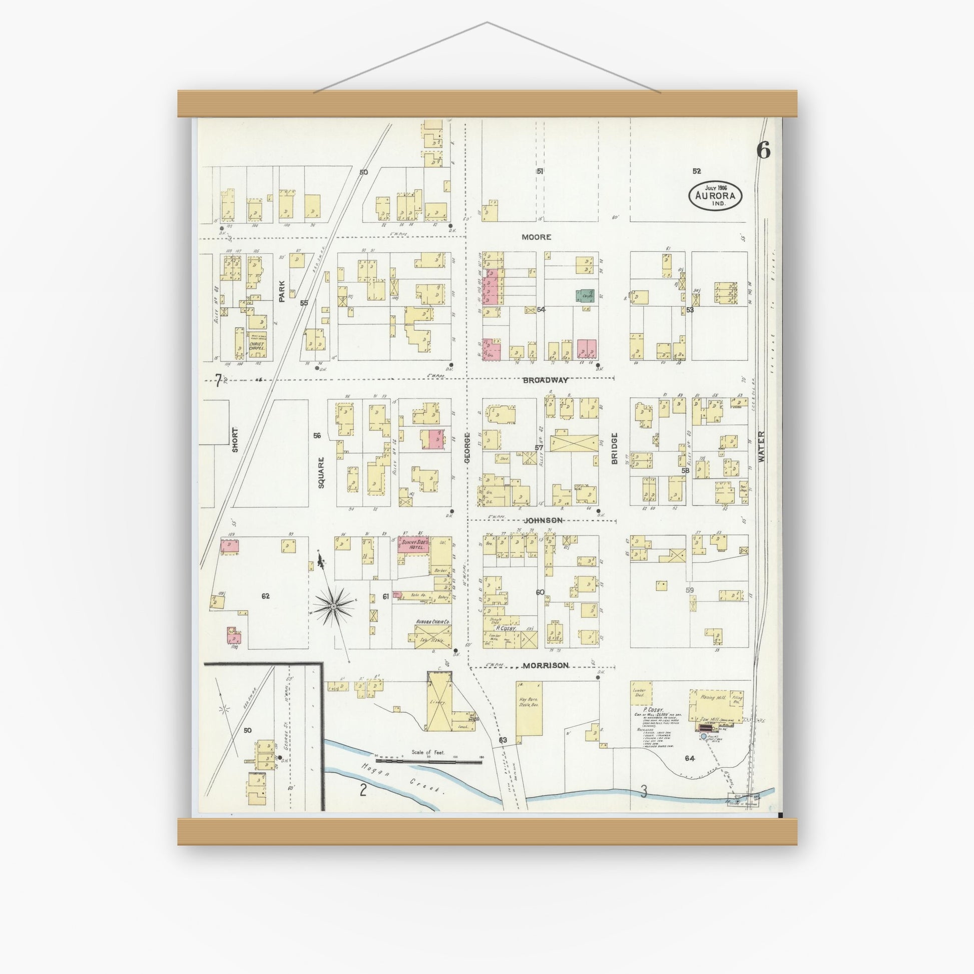 Old map wall art mockup — magnetic wood frame on white wall — Sanborn Fire Insurance Map from Aurora, Dearborn County, Indiana (1906), Sheet #0006