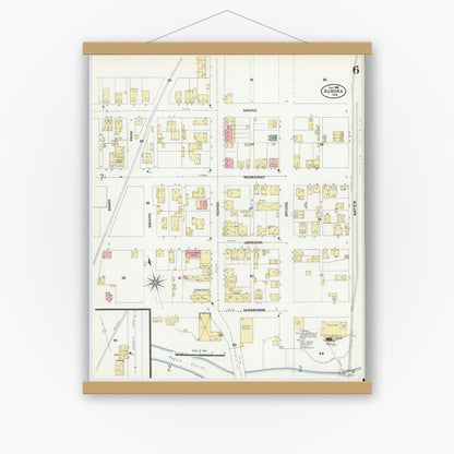 Old map wall art mockup — magnetic wood frame on white wall — Sanborn Fire Insurance Map from Aurora, Dearborn County, Indiana (1906), Sheet #0006
