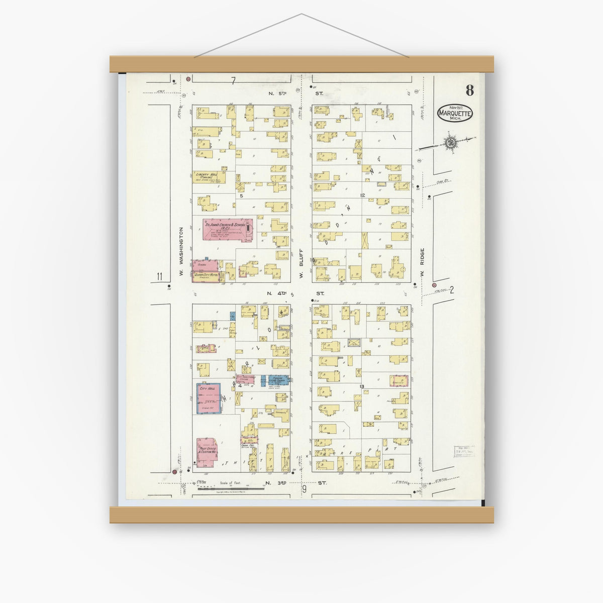 Old map wall art mockup — magnetic wood frame on white wall — Sanborn Fire Insurance Map from Marquette, Marquette County, Michigan (1917), Sheet #0008