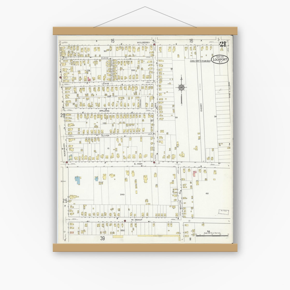 Old map wall art mockup — magnetic wood frame on white wall — Sanborn Fire Insurance Map from Lockport, Niagara County, New York (1914), Sheet #0021