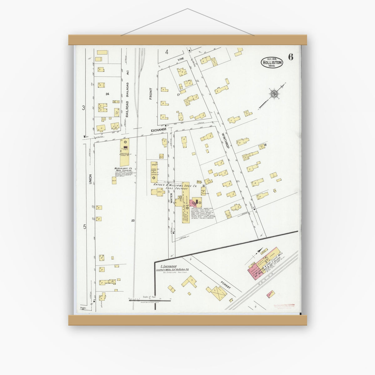 Old map wall art mockup — magnetic wood frame on white wall — Sanborn Fire Insurance Map from Holliston, Middlesex County, Massachusetts (1919), Sheet #0006