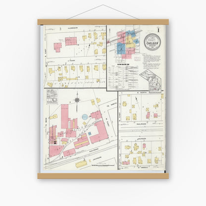 Old map wall art mockup — magnetic wood frame on white wall — Sanborn Fire Insurance Map from Chelsea, Washtenaw County, Michigan (1918), Sheet #0001