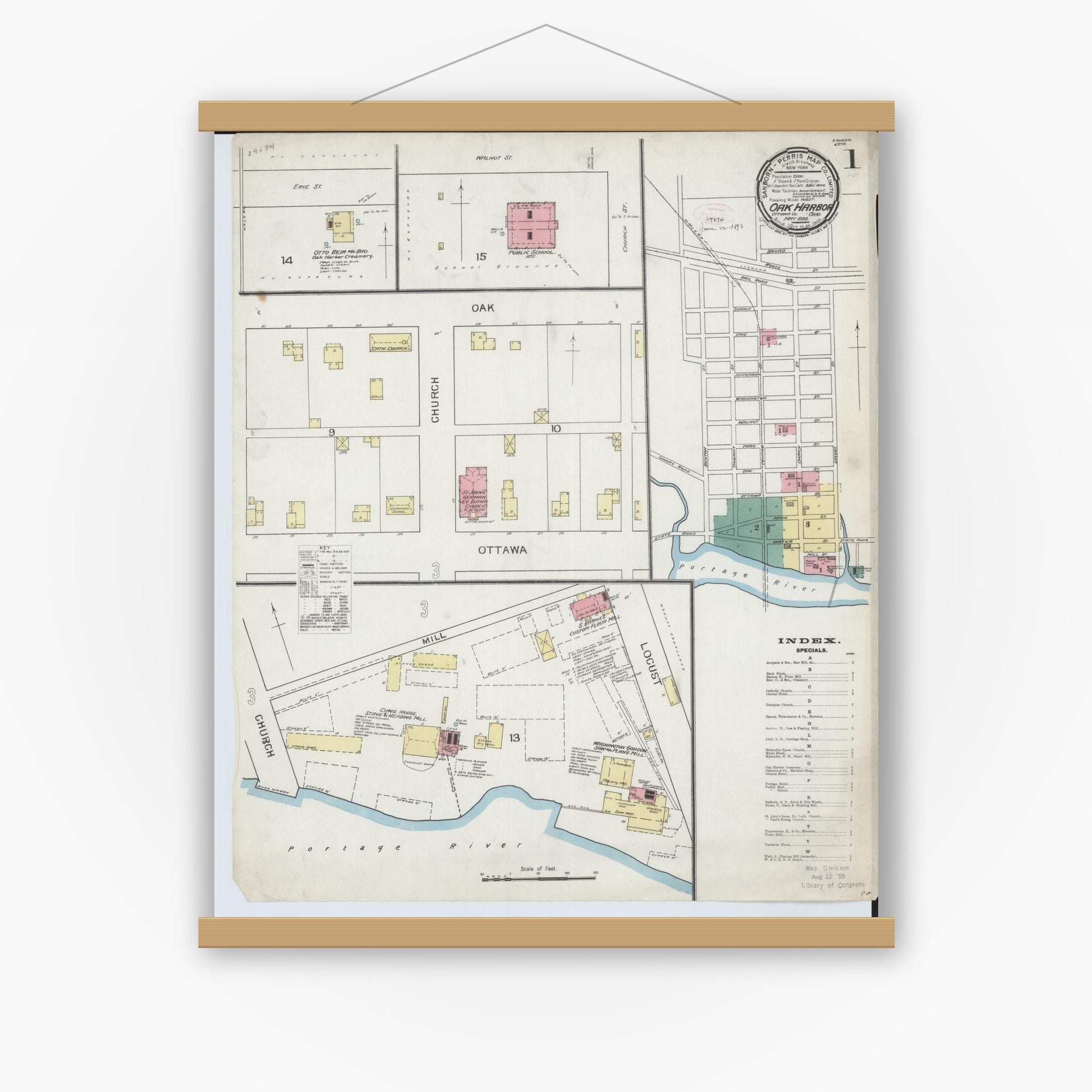 Old map wall art mockup — magnetic wood frame on white wall — Sanborn Fire Insurance Map from Oak Harbor, Ottawa County, Ohio (1893) - Complete Map Set