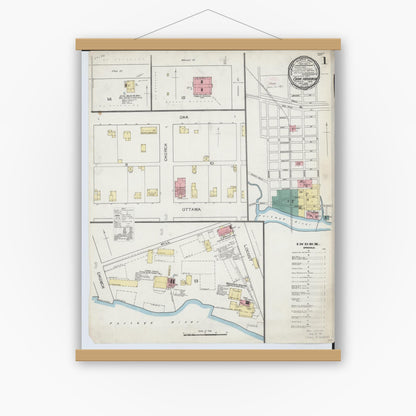 Old map wall art mockup — magnetic wood frame on white wall — Sanborn Fire Insurance Map from Oak Harbor, Ottawa County, Ohio (1893) - Complete Map Set