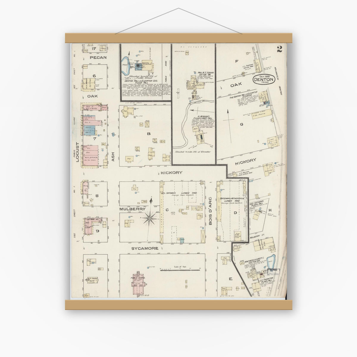 Old map wall art mockup — magnetic wood frame on white wall — Sanborn Fire Insurance Map from Denton, Denton County, Texas (1885), Sheet #0002