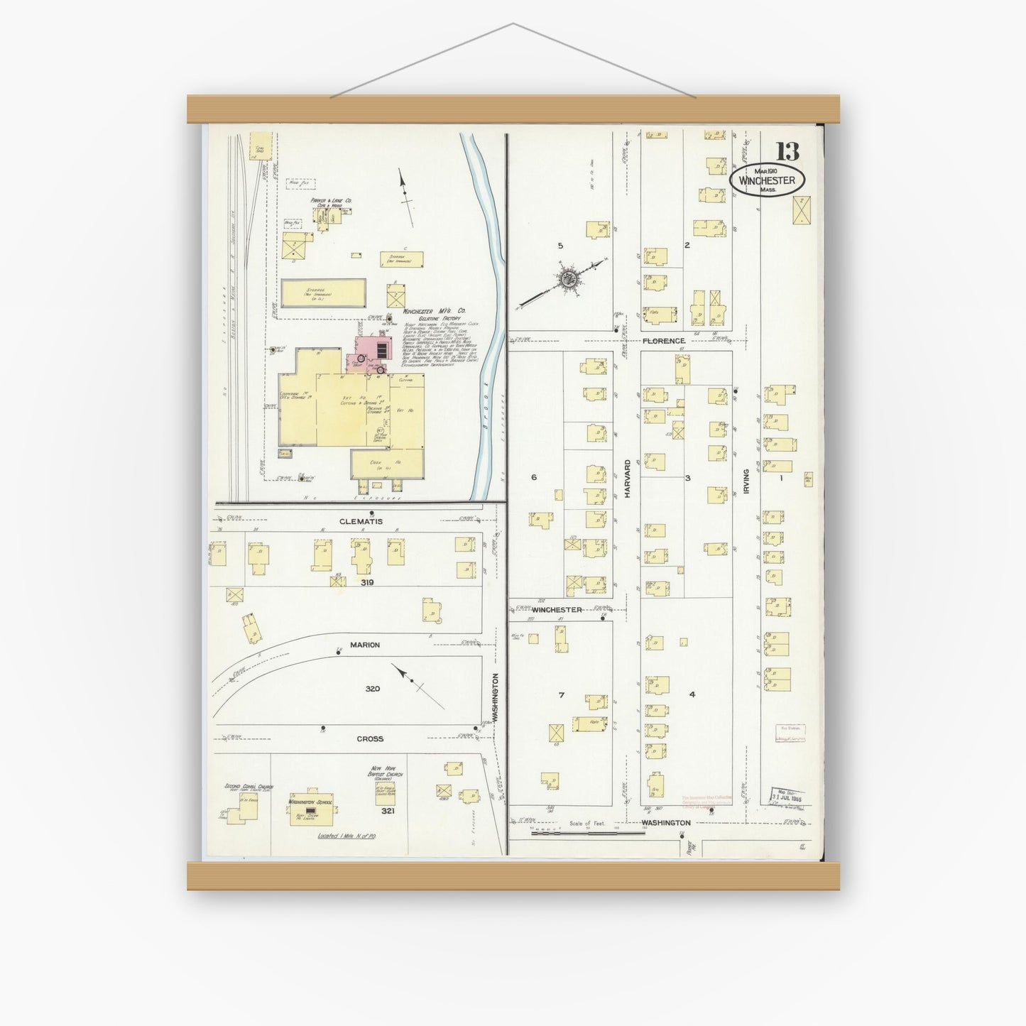 Old map wall art mockup — magnetic wood frame on white wall — Sanborn Fire Insurance Map from Winchester, Middlesex County, Massachusetts (1910), Sheet #0013