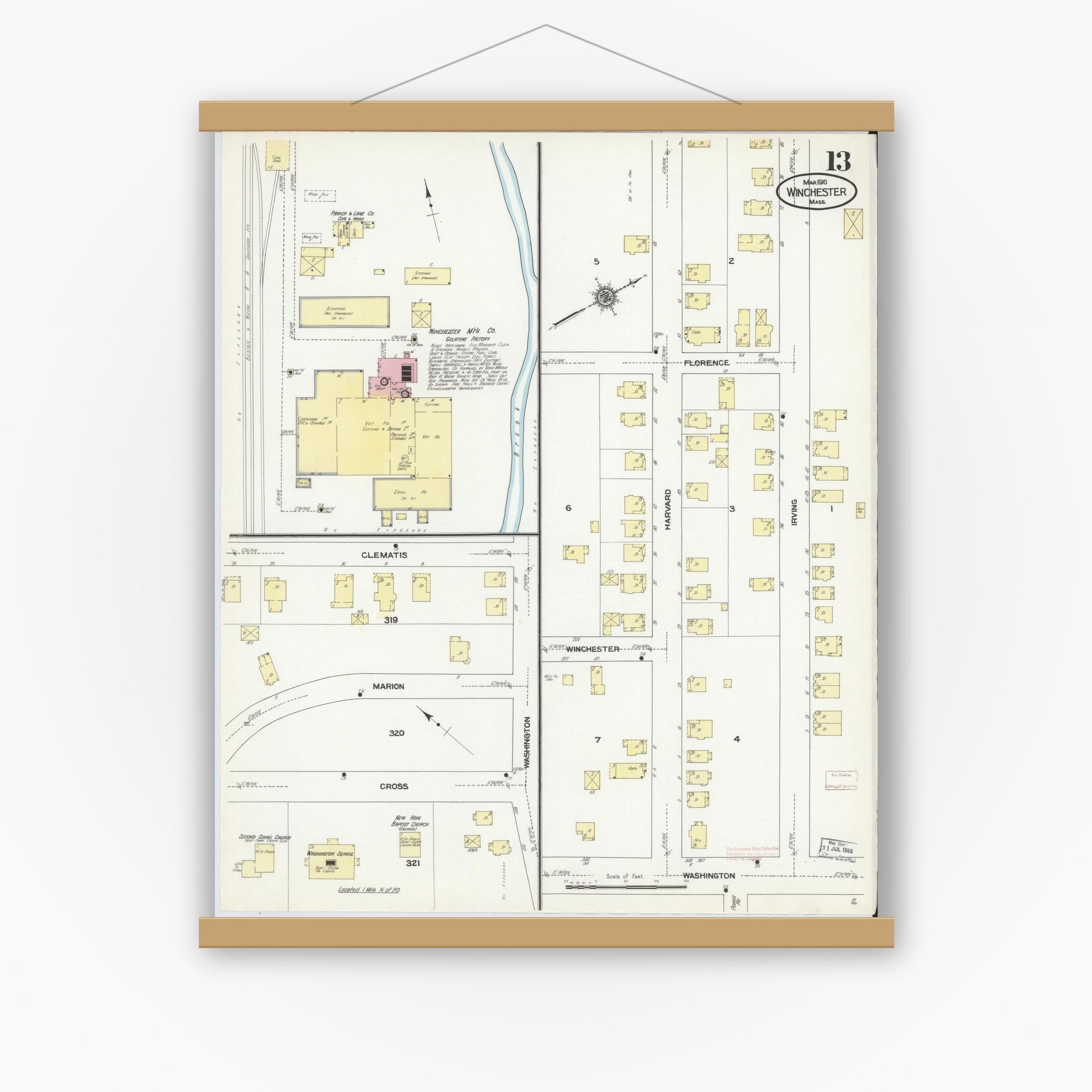 Old map wall art mockup — magnetic wood frame on white wall — Sanborn Fire Insurance Map from Winchester, Middlesex County, Massachusetts (1910), Sheet #0013