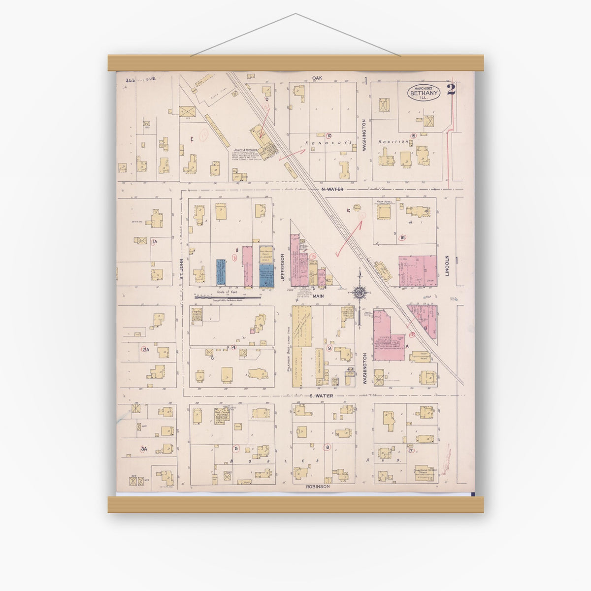 Old map wall art mockup — magnetic wood frame on white wall — Sanborn Fire Insurance Map from Bethany, Moultrie County, Illinois (1922), Sheet #0002