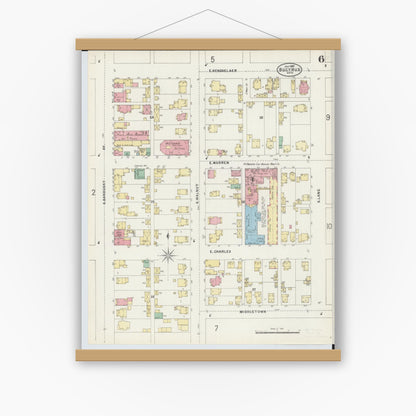 Old map wall art mockup — magnetic wood frame on white wall — Sanborn Fire Insurance Map from Bucyrus, Crawford County, Ohio (1897), Sheet #0006