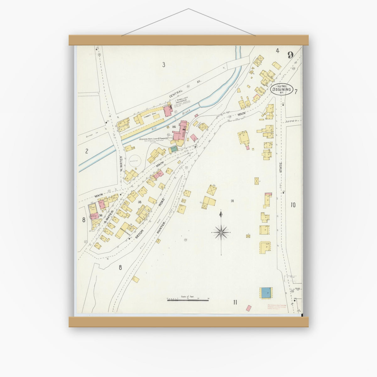 Old map wall art mockup — magnetic wood frame on white wall — Sanborn Fire Insurance Map from Ossining, Westchester County, New York (1903), Sheet #0009