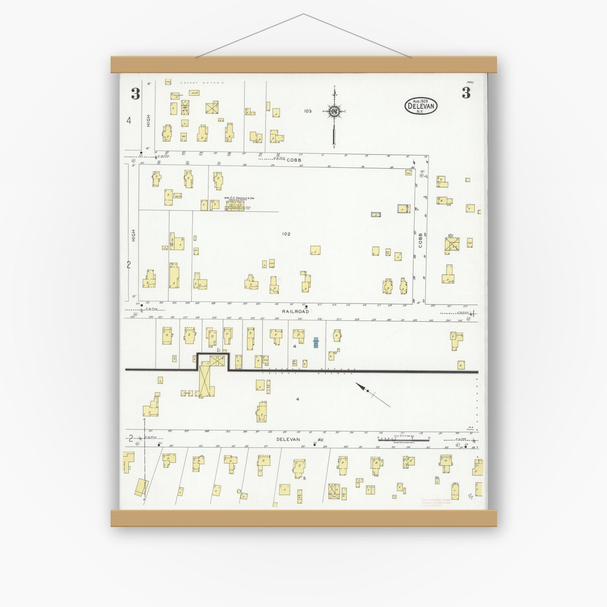 Old map wall art mockup — magnetic wood frame on white wall — Sanborn Fire Insurance Map from Delevan, Cattaraugus County, New York (1929), Sheet #0003