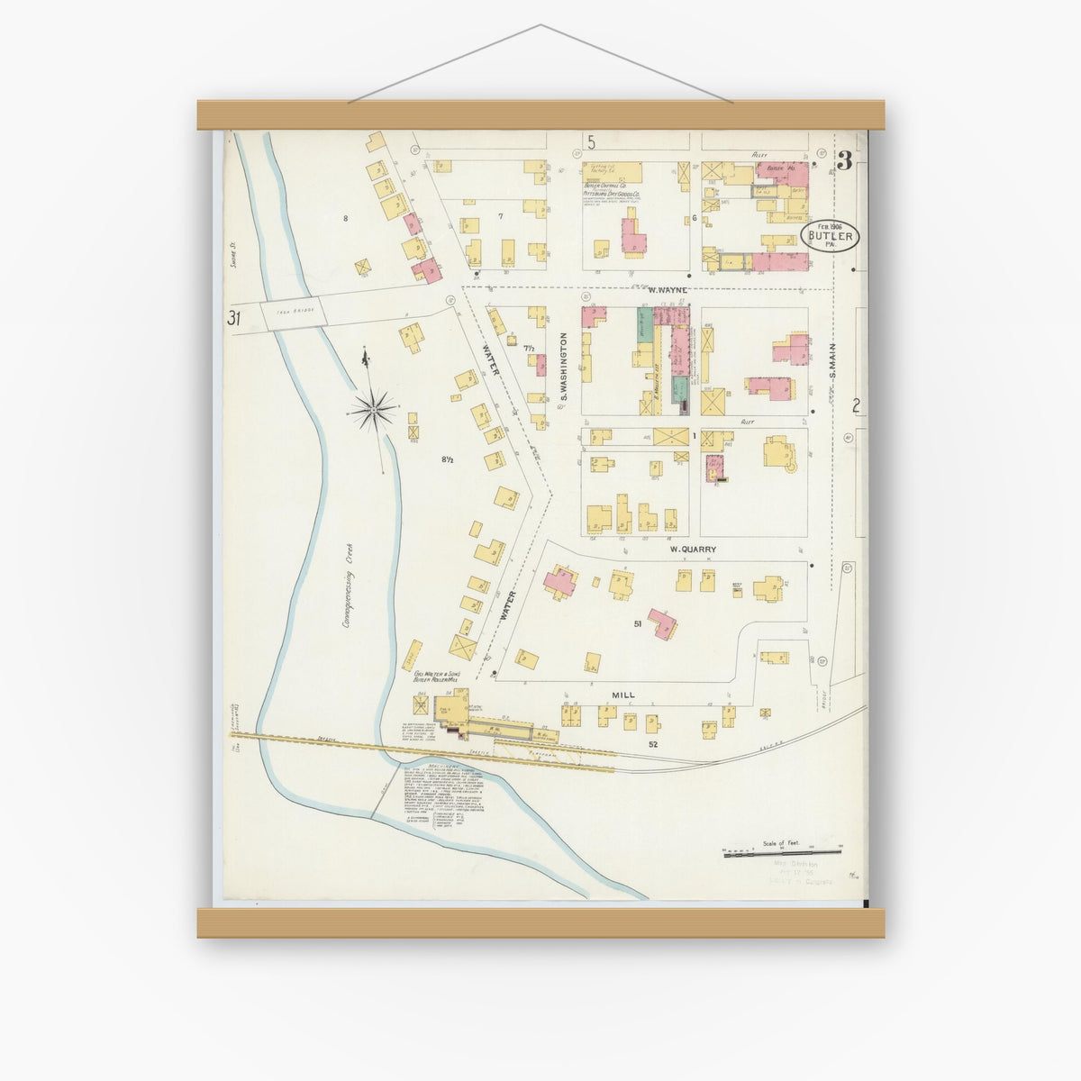 Old map wall art mockup — magnetic wood frame on white wall — Sanborn Fire Insurance Map from Butler, Butler County, Pennsylvania (1906), Sheet #0003
