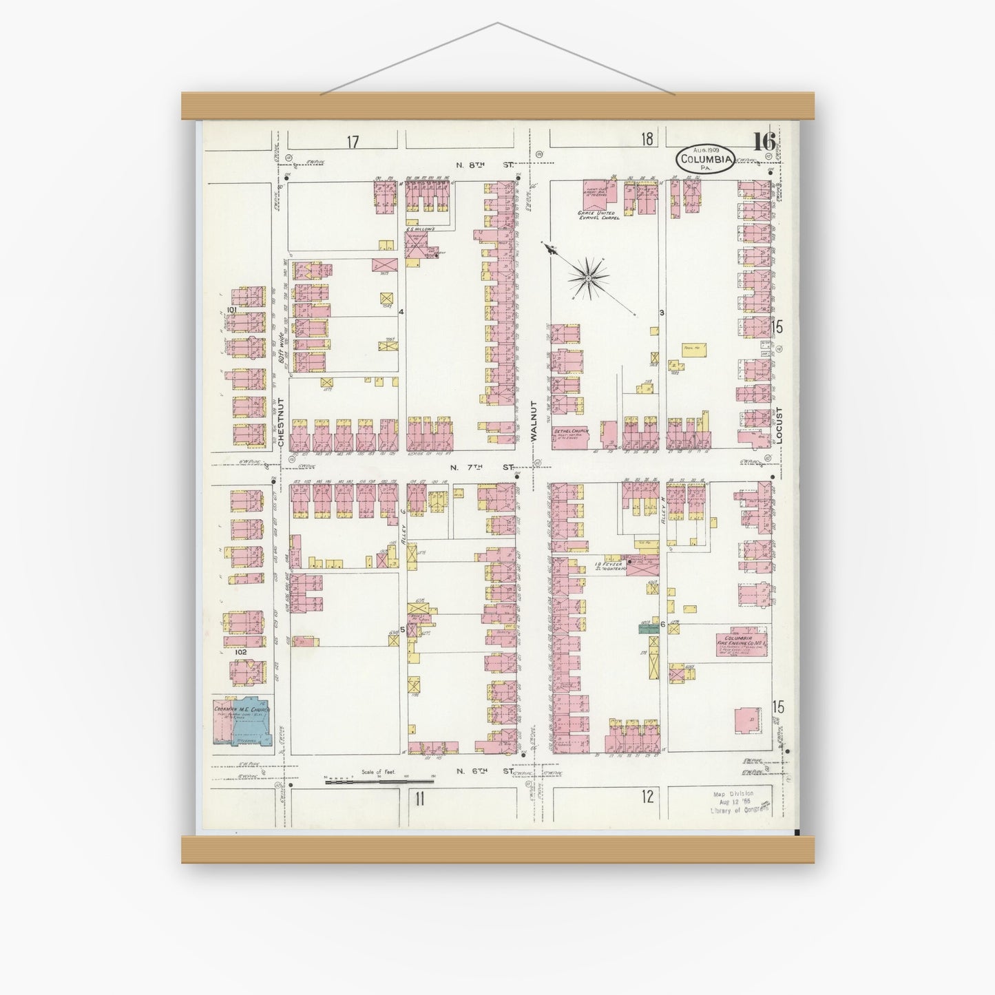 Old map wall art mockup — magnetic wood frame on white wall — Sanborn Fire Insurance Map from Columbia, Lancaster County, Pennsylvania (1909), Sheet #0016