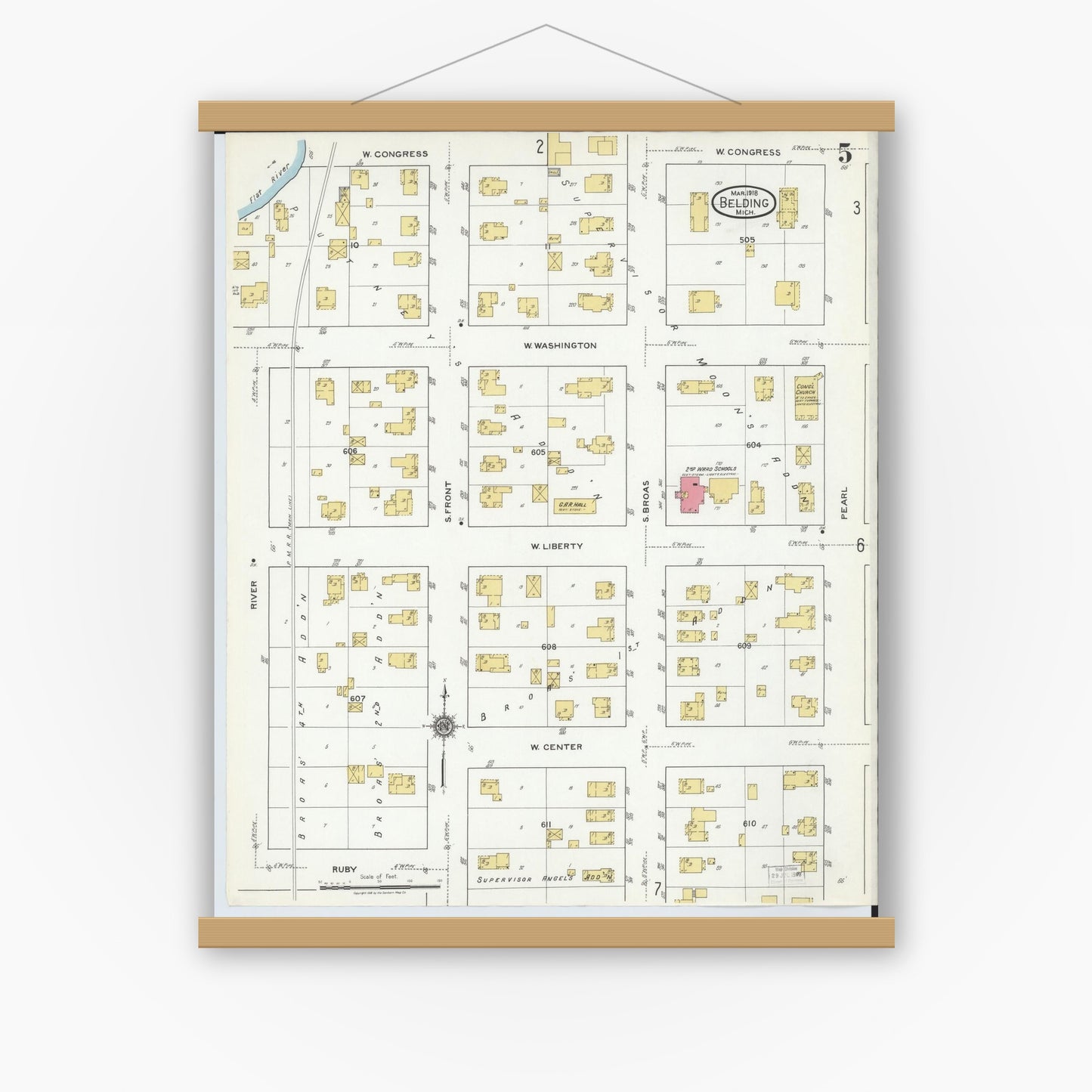 Old map wall art mockup — magnetic wood frame on white wall — Sanborn Fire Insurance Map from Belding, Ionia County, Michigan (1918), Sheet #0005