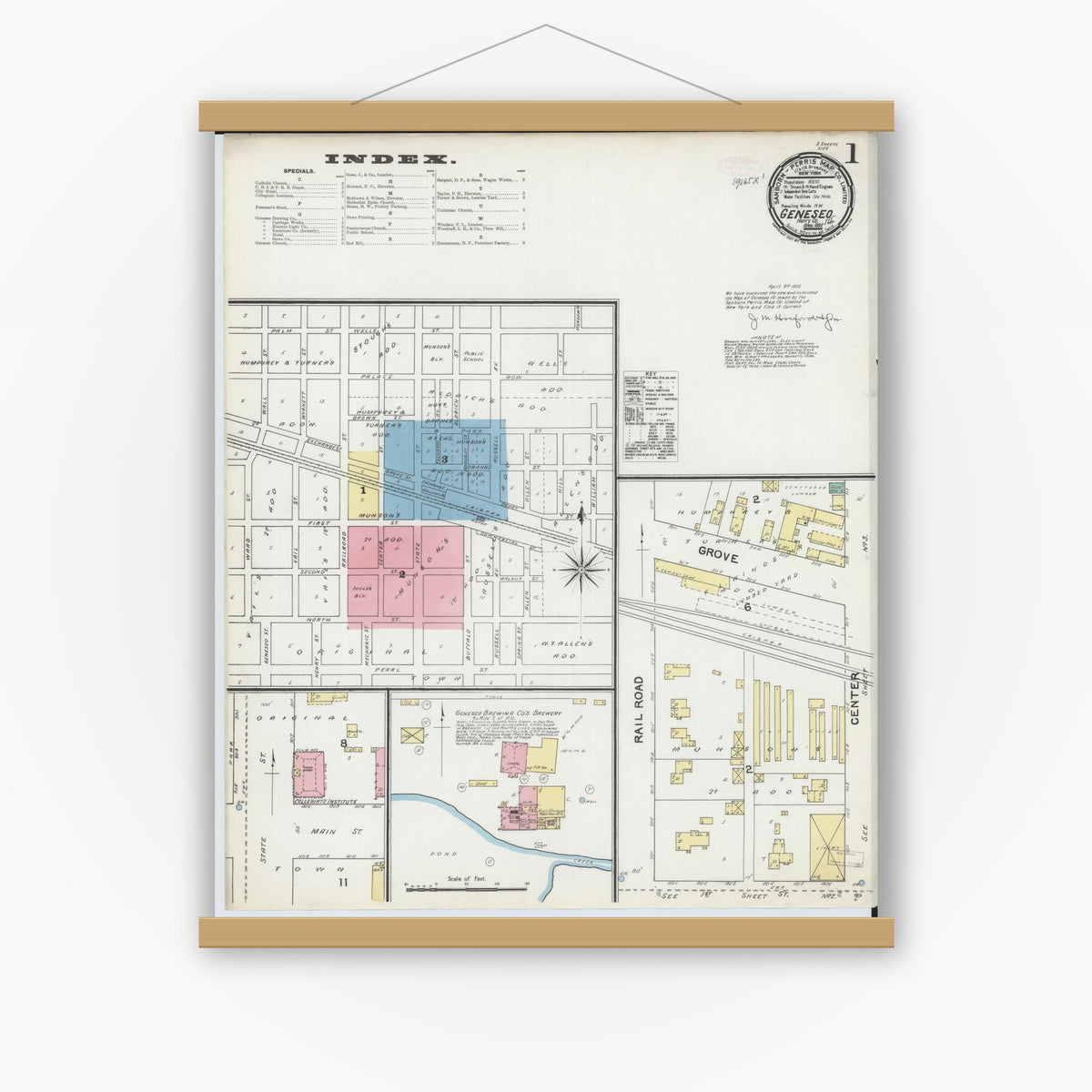 Old map wall art mockup — magnetic wood frame on white wall — Sanborn Fire Insurance Map from Geneseo, Henry County, Illinois (1892) - Complete Map Set