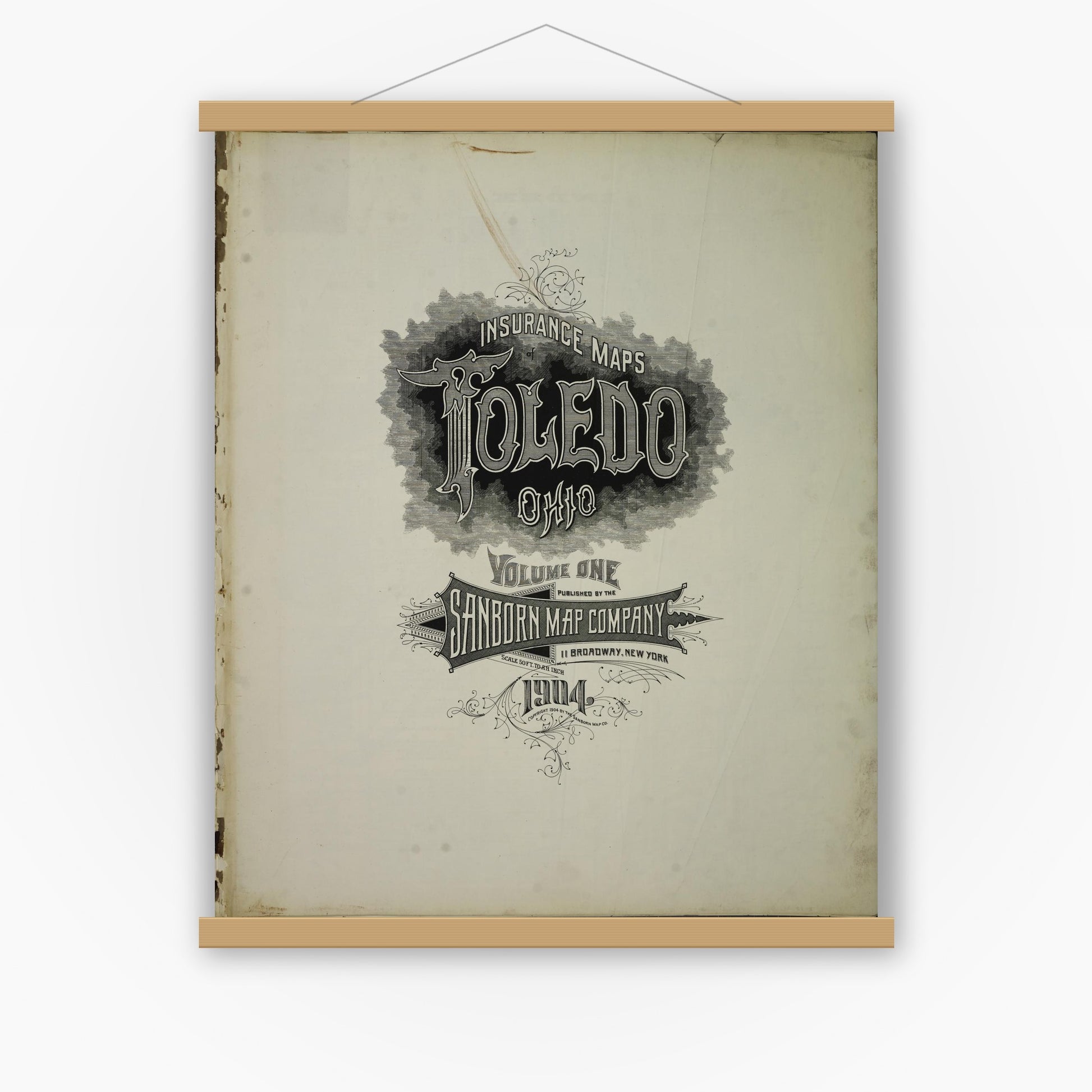 Old map wall art mockup — magnetic wood frame on white wall — Sanborn Fire Insurance Map from Toledo, Lucas County, Ohio (1904), Sheet #0001