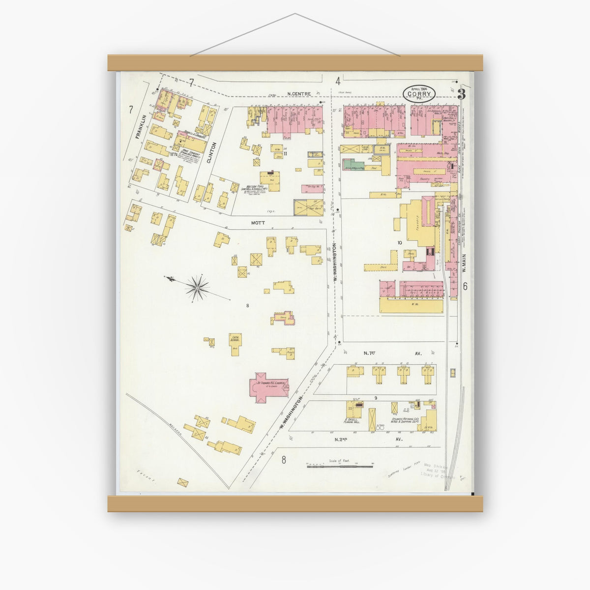 Old map wall art mockup — magnetic wood frame on white wall — Sanborn Fire Insurance Map from Corry, Erie County, Pennsylvania (1904), Sheet #0003